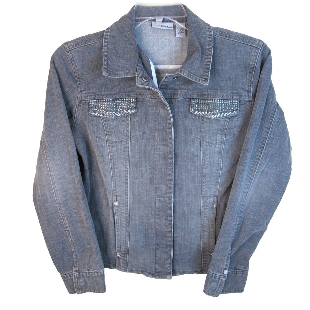 Chico's Platinum Gray Denim Snap Button Jean Jacket‎ Women's Size 1 Stretch